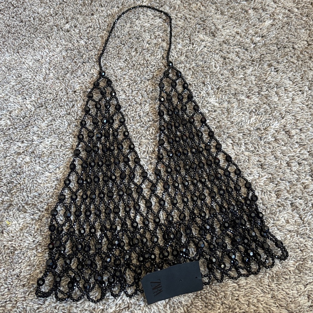Zara Black Beaded Mesh Halter Crop Top NWT Festival Layering - Picture 2 of 3